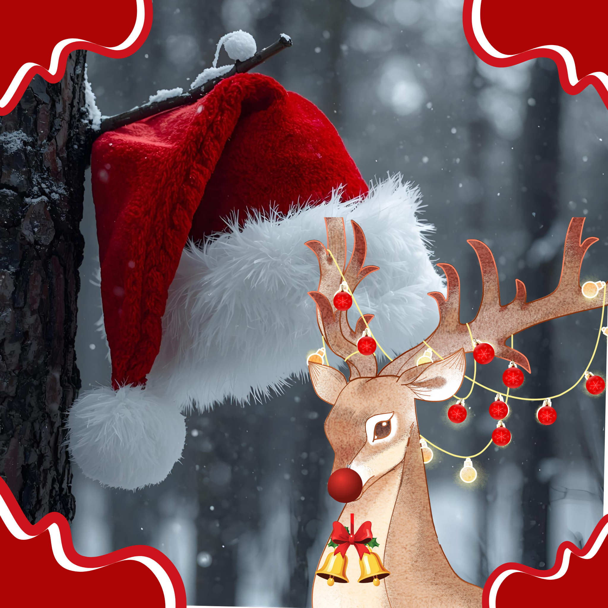 Deer wearing a Santa hat and decorated with lights and bells in a snowy forest setting.