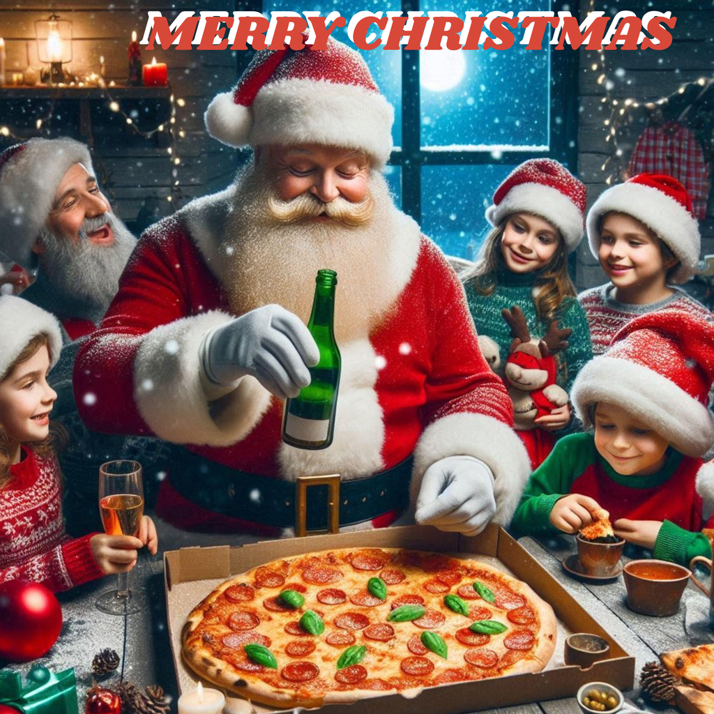 Santa Claus serving pizza to children with 'Merry Christmas' text above